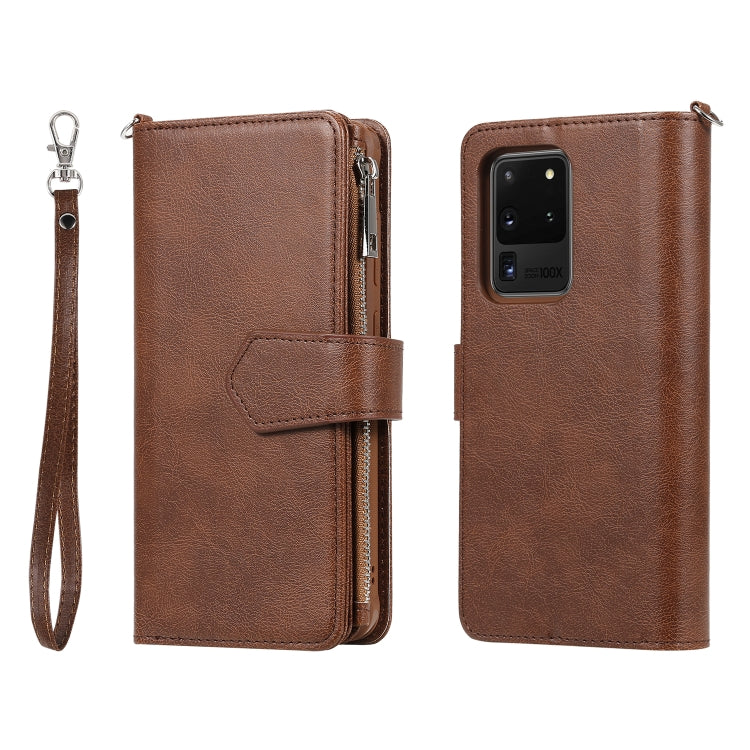 For Galaxy S20 Ultra 2 in 1 Solid Color Zipper Shockproof Protective Case with Card Slots & Bracket & Photo Holder & Wallet Function