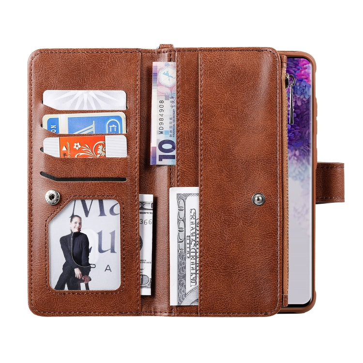 For Galaxy S20 Ultra 2 in 1 Solid Color Zipper Shockproof Protective Case with Card Slots & Bracket & Photo Holder & Wallet Function
