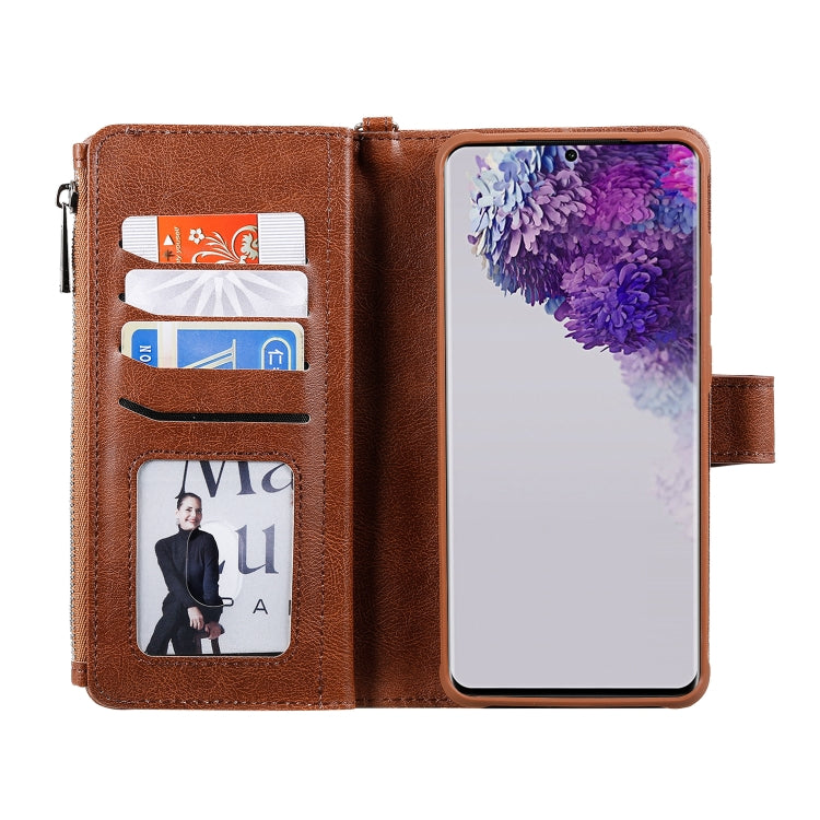 For Galaxy S20 Ultra 2 in 1 Solid Color Zipper Shockproof Protective Case with Card Slots & Bracket & Photo Holder & Wallet Function