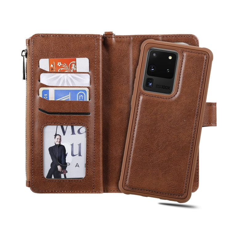 For Galaxy S20 Ultra 2 in 1 Solid Color Zipper Shockproof Protective Case with Card Slots & Bracket & Photo Holder & Wallet Function