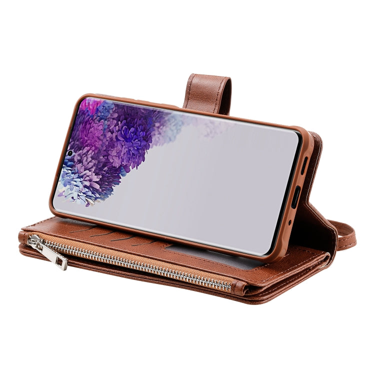 For Galaxy S20 Ultra 2 in 1 Solid Color Zipper Shockproof Protective Case with Card Slots & Bracket & Photo Holder & Wallet Function