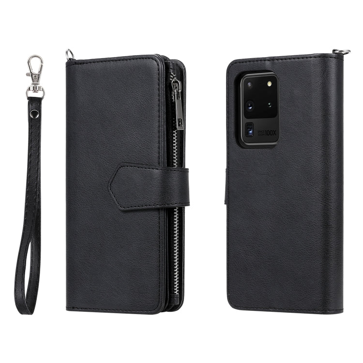 For Galaxy S20 Ultra 2 in 1 Solid Color Zipper Shockproof Protective Case with Card Slots & Bracket & Photo Holder & Wallet Function