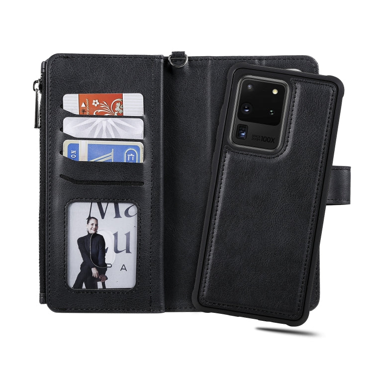 For Galaxy S20 Ultra 2 in 1 Solid Color Zipper Shockproof Protective Case with Card Slots & Bracket & Photo Holder & Wallet Function