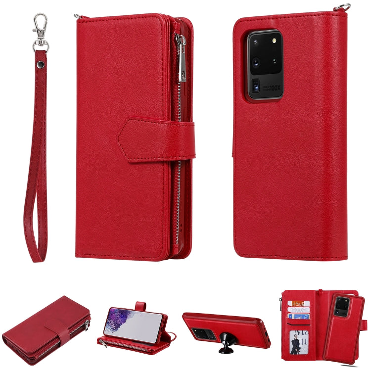 For Galaxy S20 Ultra 2 in 1 Solid Color Zipper Shockproof Protective Case with Card Slots & Bracket & Photo Holder & Wallet Function