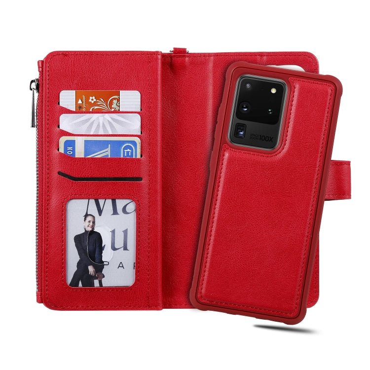For Galaxy S20 Ultra 2 in 1 Solid Color Zipper Shockproof Protective Case with Card Slots & Bracket & Photo Holder & Wallet Function