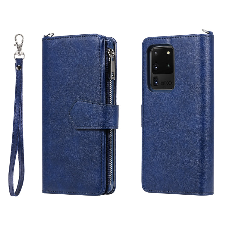 For Galaxy S20 Ultra 2 in 1 Solid Color Zipper Shockproof Protective Case with Card Slots & Bracket & Photo Holder & Wallet Function