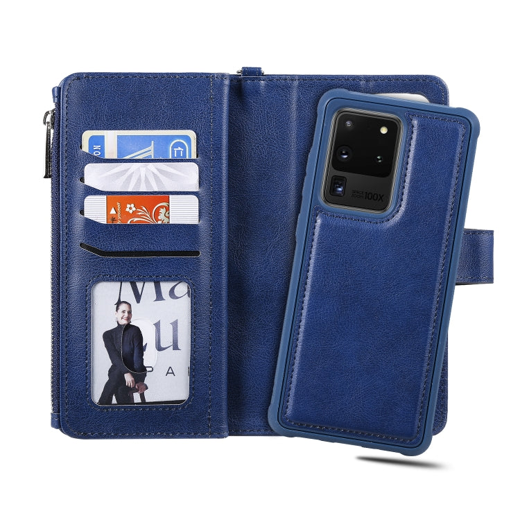 For Galaxy S20 Ultra 2 in 1 Solid Color Zipper Shockproof Protective Case with Card Slots & Bracket & Photo Holder & Wallet Function