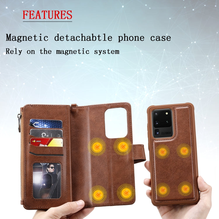 For Galaxy S20 Ultra 2 in 1 Solid Color Zipper Shockproof Protective Case with Card Slots & Bracket & Photo Holder & Wallet Function
