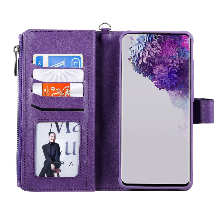For Galaxy S20 Ultra 2 in 1 Solid Color Zipper Shockproof Protective Case with Card Slots & Bracket & Photo Holder & Wallet Function