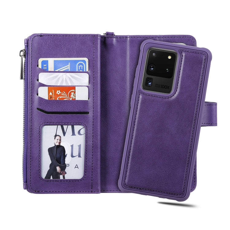 For Galaxy S20 Ultra 2 in 1 Solid Color Zipper Shockproof Protective Case with Card Slots & Bracket & Photo Holder & Wallet Function