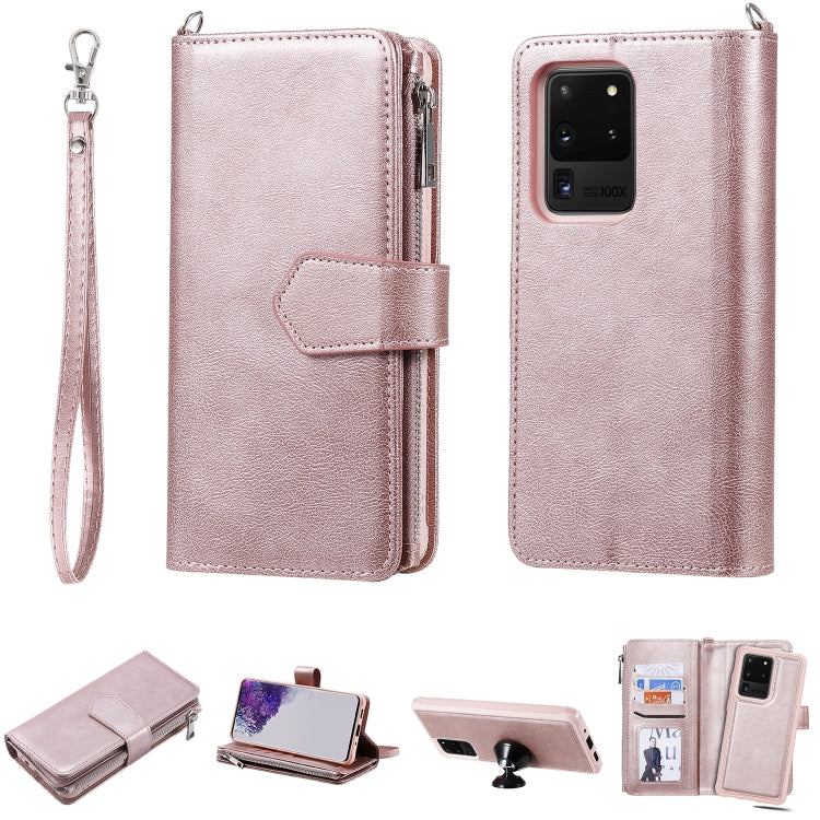 For Galaxy S20 Ultra 2 in 1 Solid Color Zipper Shockproof Protective Case with Card Slots & Bracket & Photo Holder & Wallet Function