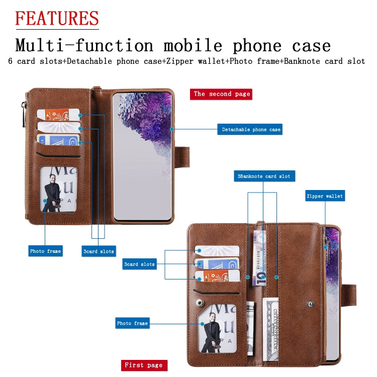 For Galaxy S20 Ultra 2 in 1 Solid Color Zipper Shockproof Protective Case with Card Slots & Bracket & Photo Holder & Wallet Function