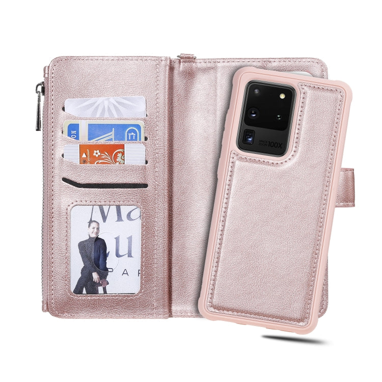 For Galaxy S20 Ultra 2 in 1 Solid Color Zipper Shockproof Protective Case with Card Slots & Bracket & Photo Holder & Wallet Function