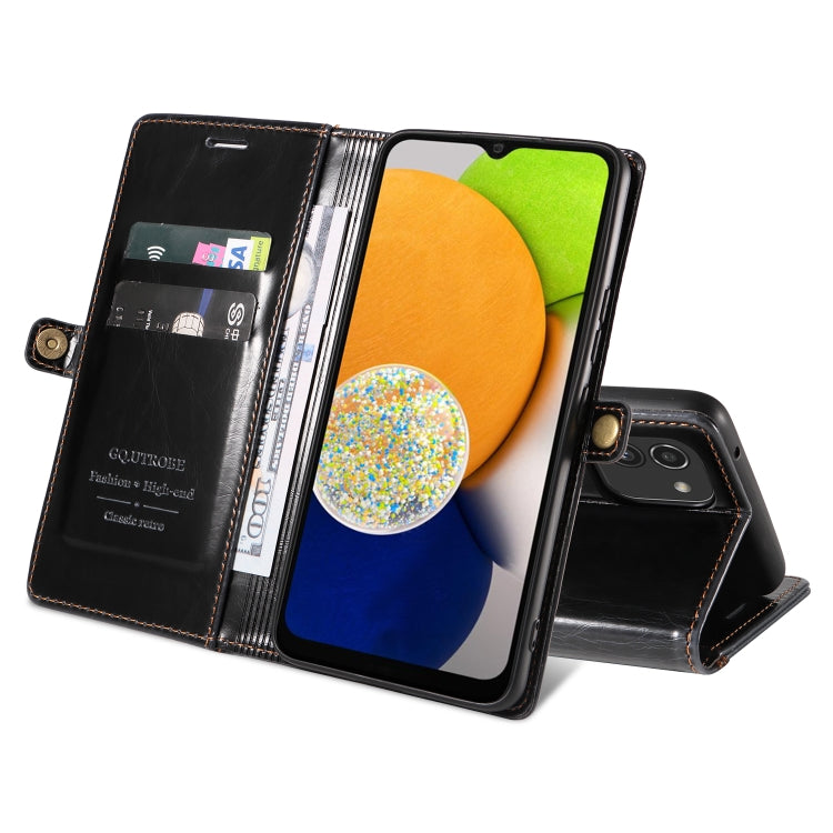 For Samsung Galaxy A03 EU Version GQUTROBE RFID Blocking Oil Wax Leather Phone Case