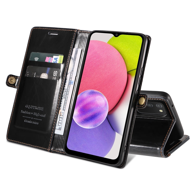 For Samsung Galaxy A03s 166mm GQUTROBE RFID Blocking Oil Wax Leather Phone Case