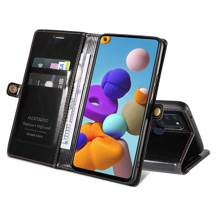 For Samsung Galaxy A21s GQUTROBE RFID Blocking Oil Wax Leather Phone Case