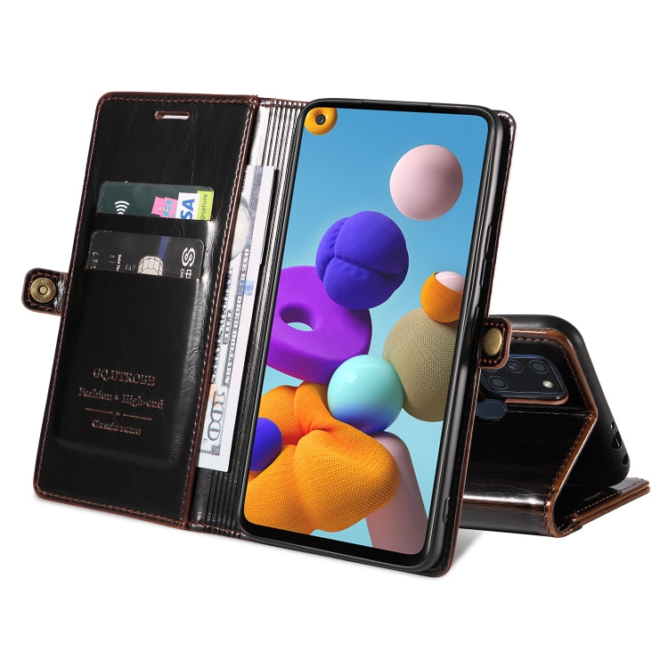 For Samsung Galaxy A21s GQUTROBE RFID Blocking Oil Wax Leather Phone Case