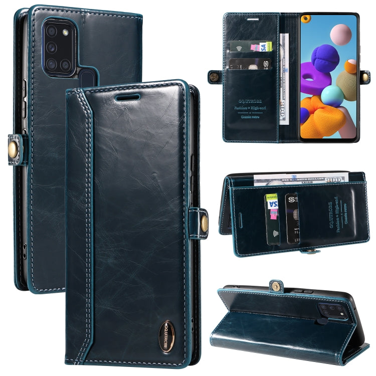 For Samsung Galaxy A21s GQUTROBE RFID Blocking Oil Wax Leather Phone Case