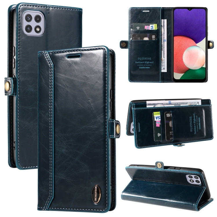 For Samsung Galaxy A22 5G GQUTROBE RFID Blocking Oil Wax Leather Phone Case