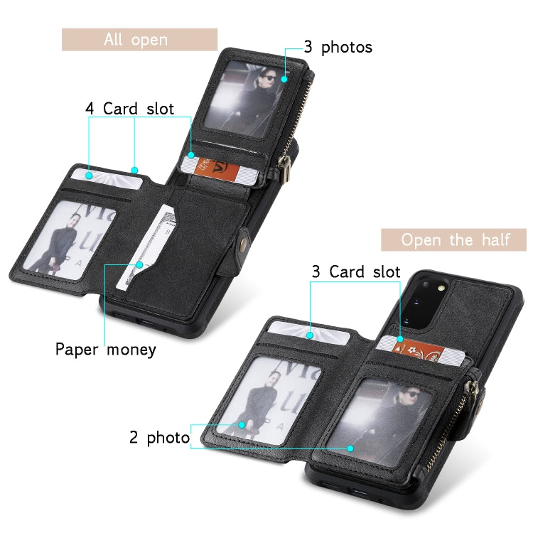 For Galaxy S20 Zipper Shockproof Protective Case with Card Slots & Bracket & Photo Holder & Wallet Function