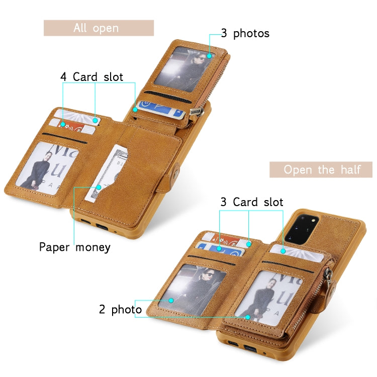 For Galaxy S20+ Zipper Shockproof Protective Case with Card Slots & Bracket & Photo Holder & Wallet Function