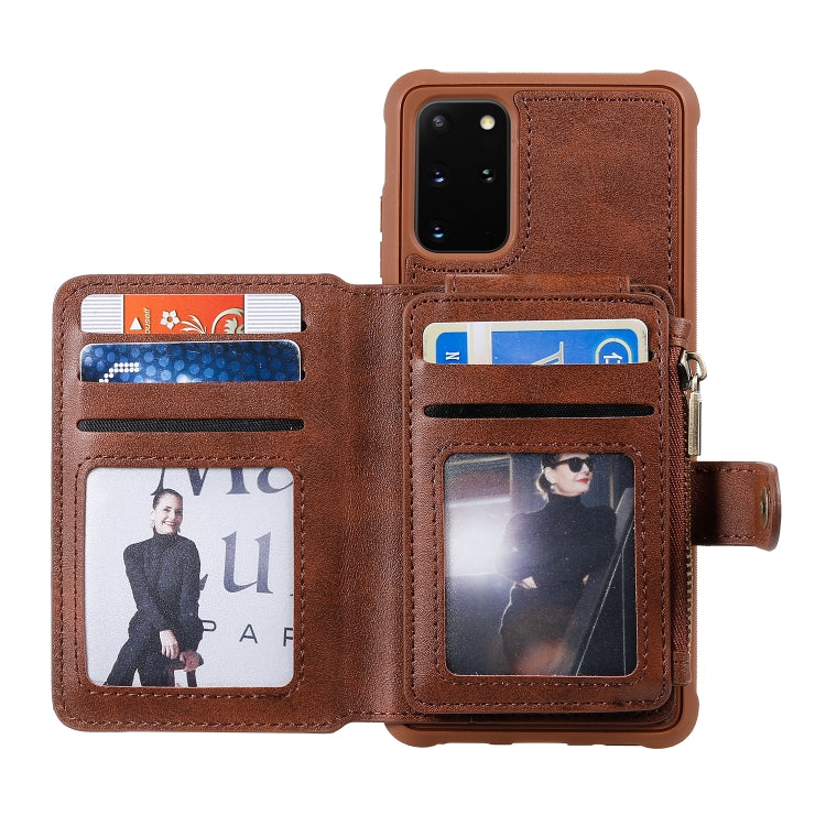 For Galaxy S20+ Zipper Shockproof Protective Case with Card Slots & Bracket & Photo Holder & Wallet Function