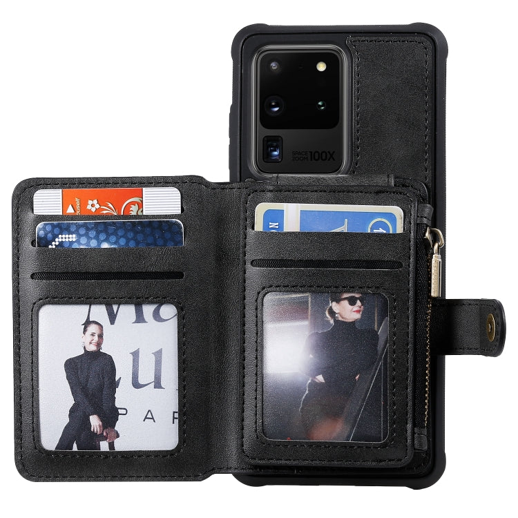 For Galaxy S20 Ultra Zipper Shockproof Protective Case with Card Slots & Bracket & Photo Holder & Wallet Function