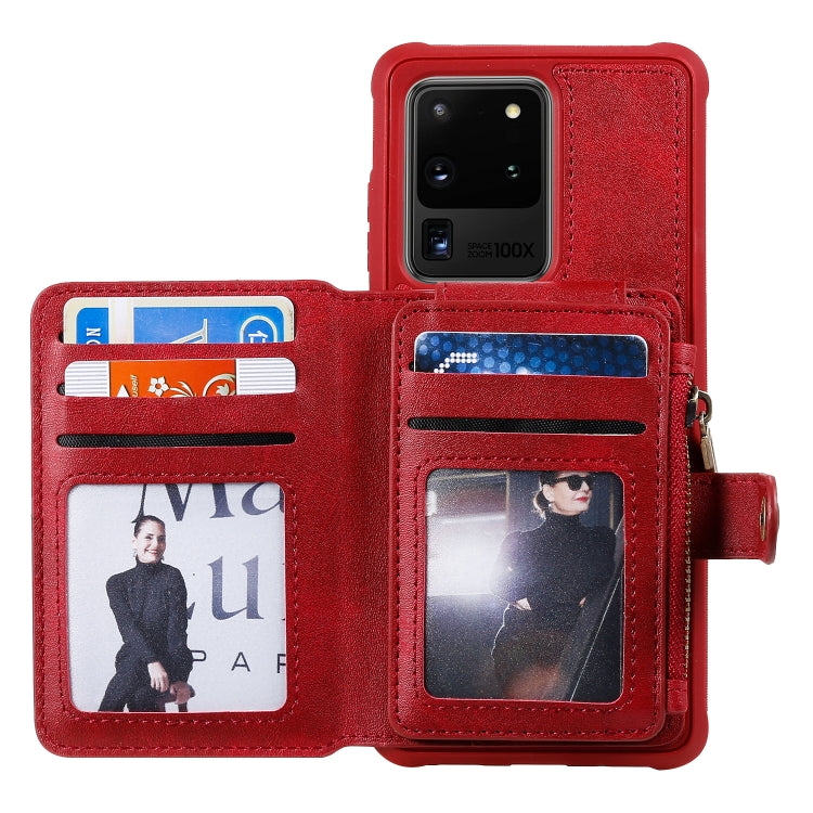 For Galaxy S20 Ultra Zipper Shockproof Protective Case with Card Slots & Bracket & Photo Holder & Wallet Function