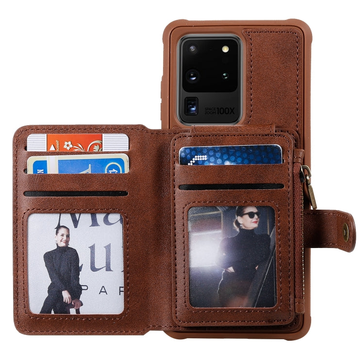 For Galaxy S20 Ultra Zipper Shockproof Protective Case with Card Slots & Bracket & Photo Holder & Wallet Function