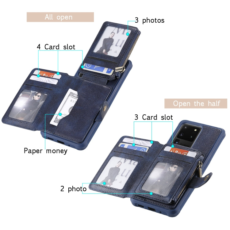 For Galaxy S20 Ultra Zipper Shockproof Protective Case with Card Slots & Bracket & Photo Holder & Wallet Function