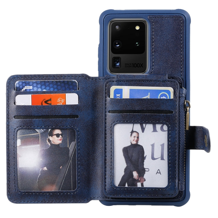 For Galaxy S20 Ultra Zipper Shockproof Protective Case with Card Slots & Bracket & Photo Holder & Wallet Function