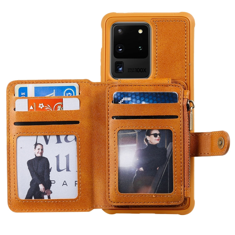 For Galaxy S20 Ultra Zipper Shockproof Protective Case with Card Slots & Bracket & Photo Holder & Wallet Function