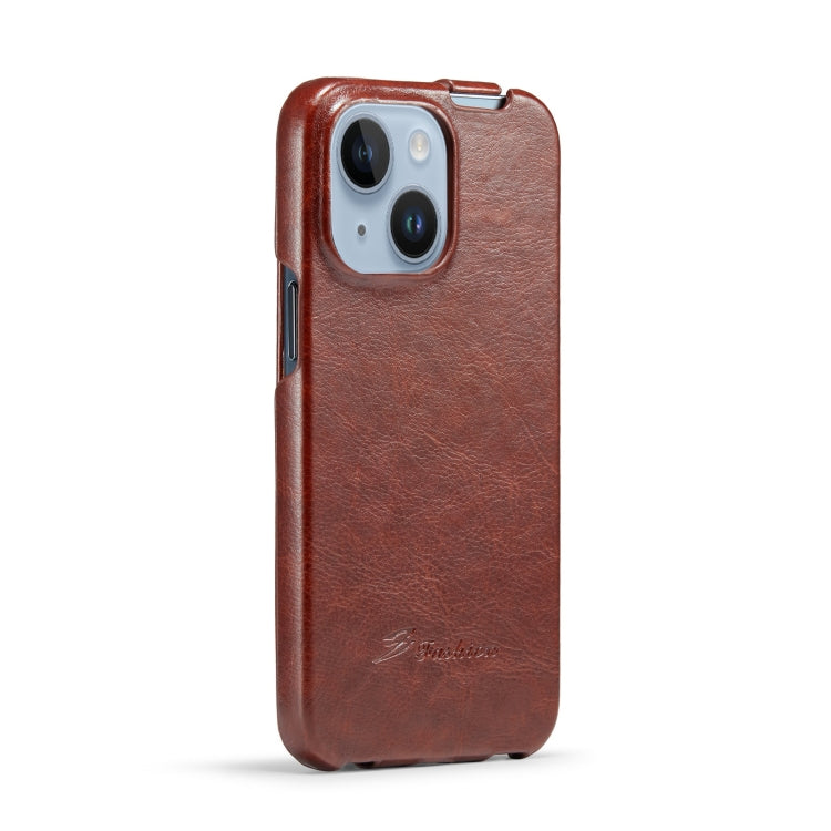 For iPhone 14 Fierre Shann Oil Wax Texture Vertical Flip PU Phone Case