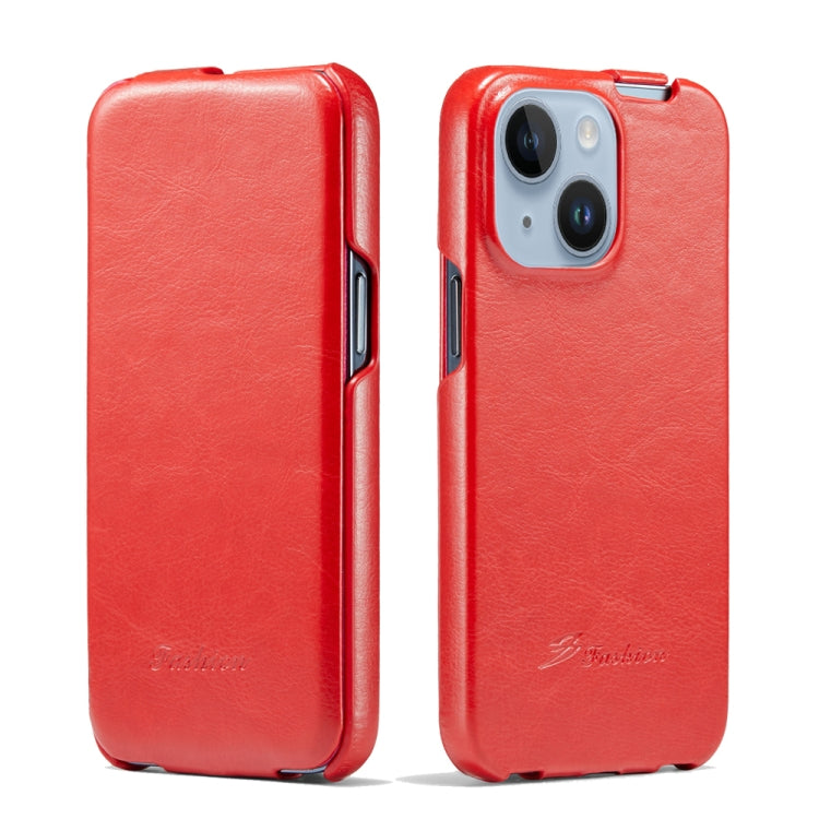 For iPhone 14 Fierre Shann Oil Wax Texture Vertical Flip PU Phone Case