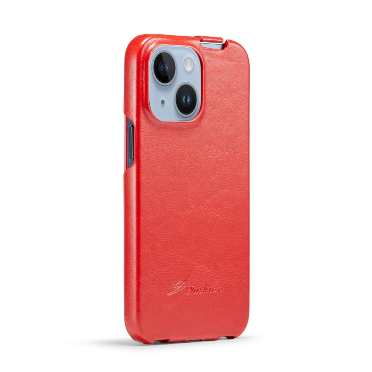 For iPhone 14 Fierre Shann Oil Wax Texture Vertical Flip PU Phone Case
