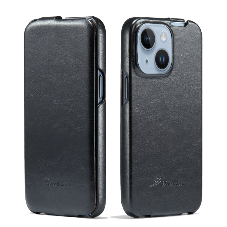 For iPhone 14 Fierre Shann Oil Wax Texture Vertical Flip PU Phone Case