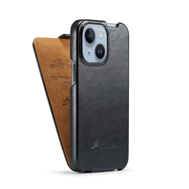 For iPhone 14 Fierre Shann Oil Wax Texture Vertical Flip PU Phone Case