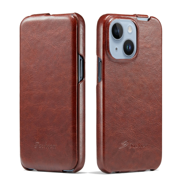 For iPhone 14 Plus Fierre Shann Oil Wax Texture Vertical Flip PU Phone Case