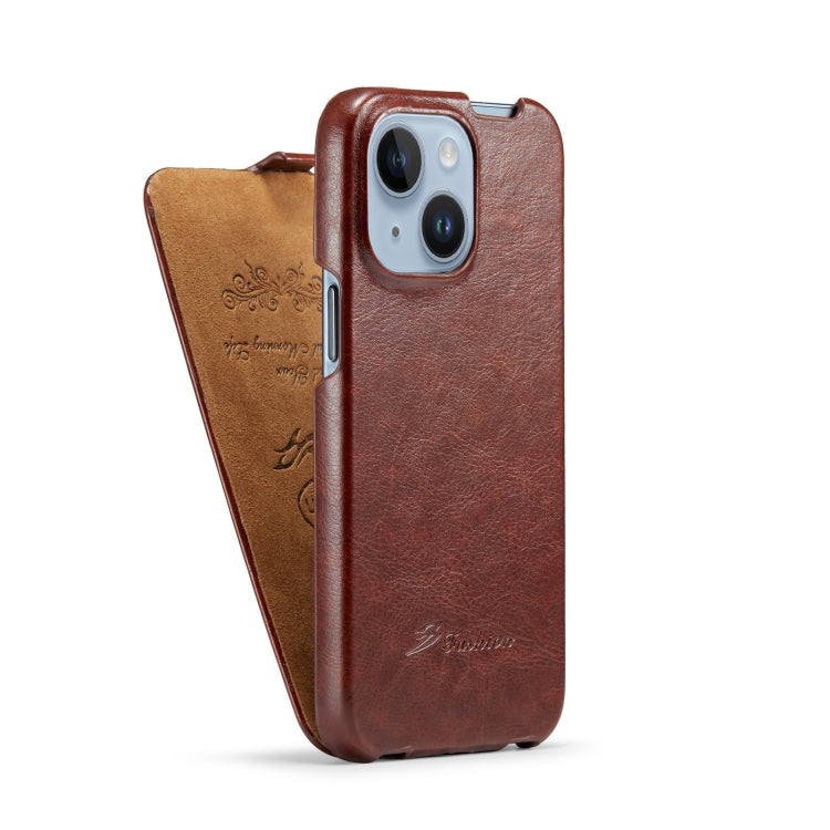 For iPhone 14 Plus Fierre Shann Oil Wax Texture Vertical Flip PU Phone Case