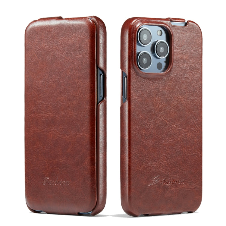 For iPhone 14 Pro Fierre Shann Oil Wax Texture Vertical Flip PU Phone Case