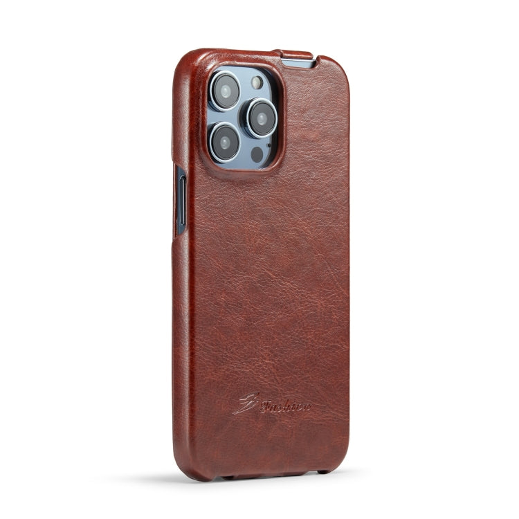 For iPhone 14 Pro Fierre Shann Oil Wax Texture Vertical Flip PU Phone Case