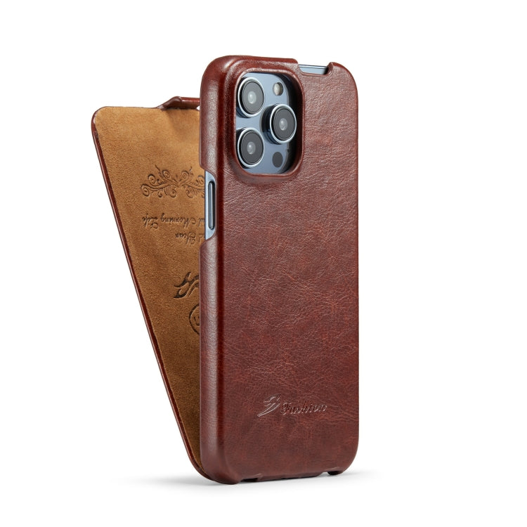 For iPhone 14 Pro Fierre Shann Oil Wax Texture Vertical Flip PU Phone Case