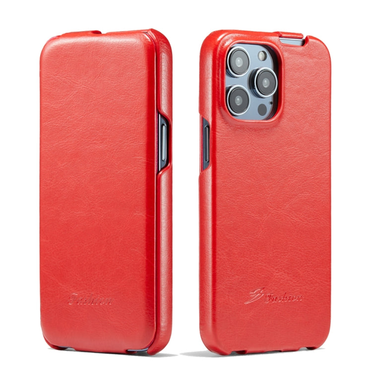 For iPhone 14 Pro Fierre Shann Oil Wax Texture Vertical Flip PU Phone Case