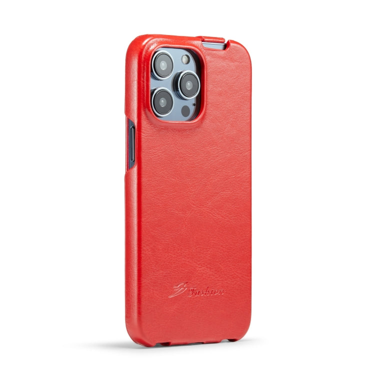 For iPhone 14 Pro Fierre Shann Oil Wax Texture Vertical Flip PU Phone Case