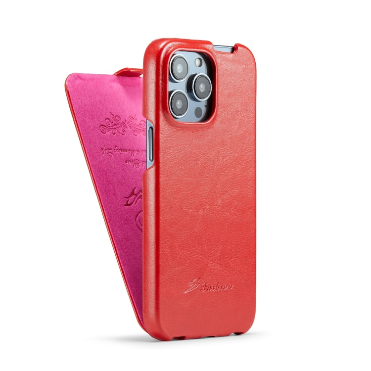 For iPhone 14 Pro Fierre Shann Oil Wax Texture Vertical Flip PU Phone Case
