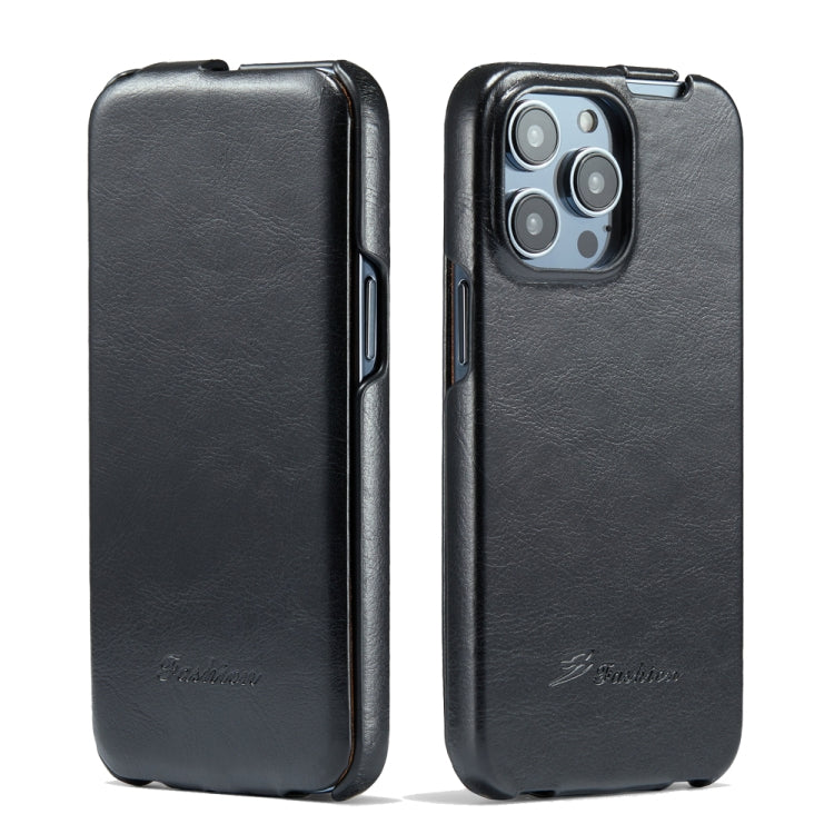 For iPhone 14 Pro Fierre Shann Oil Wax Texture Vertical Flip PU Phone Case