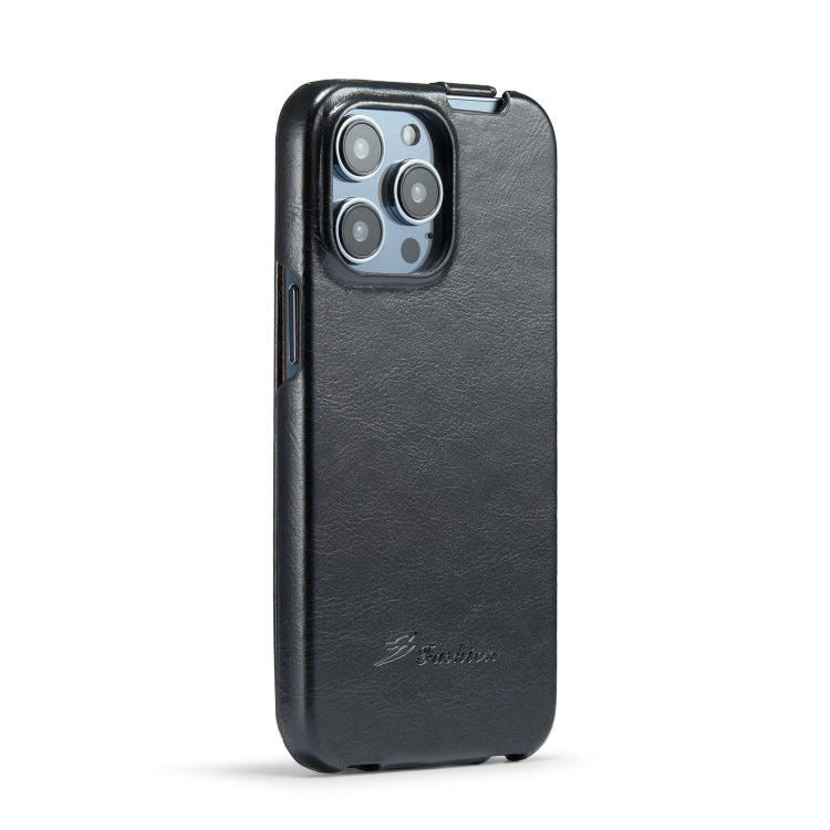 For iPhone 14 Pro Fierre Shann Oil Wax Texture Vertical Flip PU Phone Case