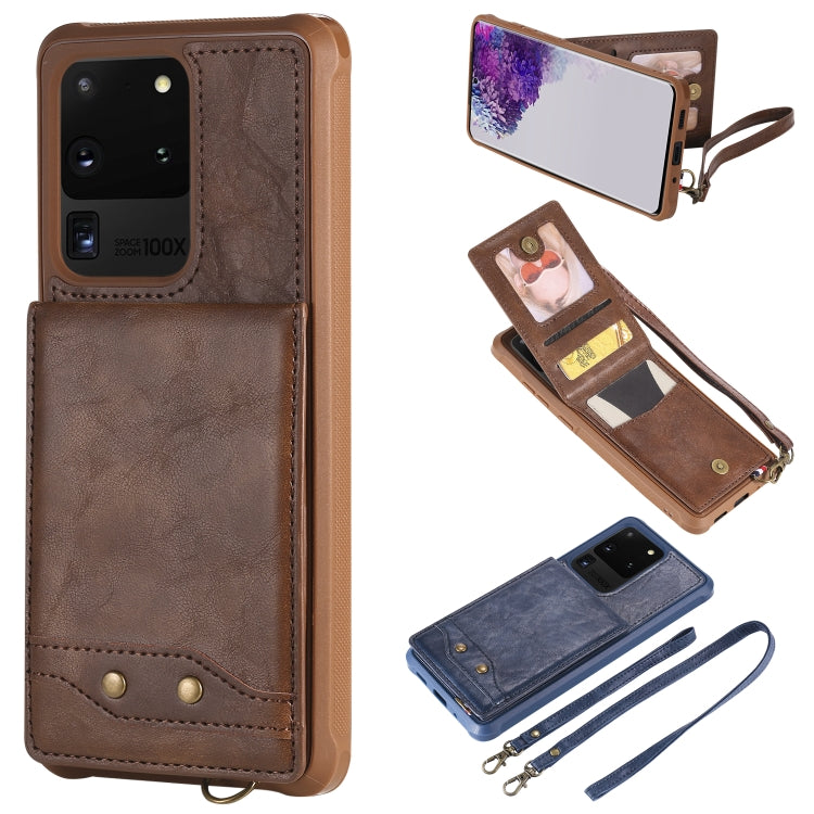 For Galaxy S20 Ultra Vertical Flip Shockproof Leather Protective Case with Long Rope, Support Card Slots & Bracket & Photo Holder & Wallet Function
