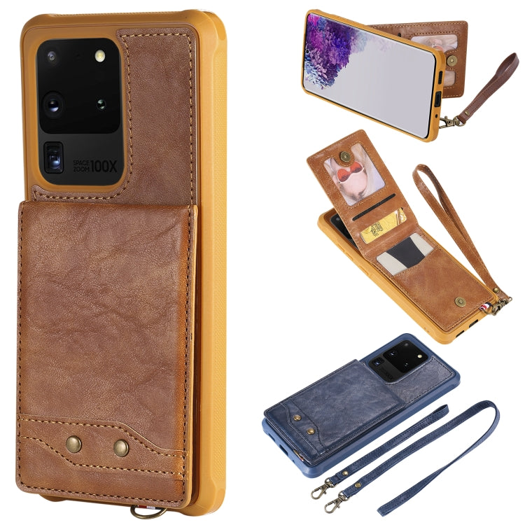For Galaxy S20 Ultra Vertical Flip Shockproof Leather Protective Case with Long Rope, Support Card Slots & Bracket & Photo Holder & Wallet Function