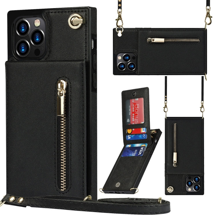 For iPhone 14 Pro Max Cross-body Zipper Square Phone Case with Holder